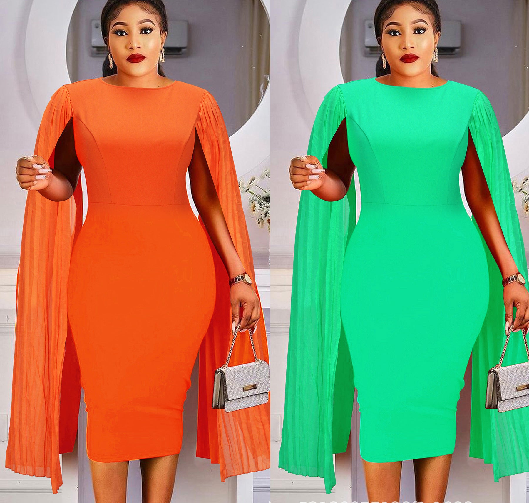 Spring Chic Round Neck Patchwork Pleated Sleeve Bodycon Pencil dress 4