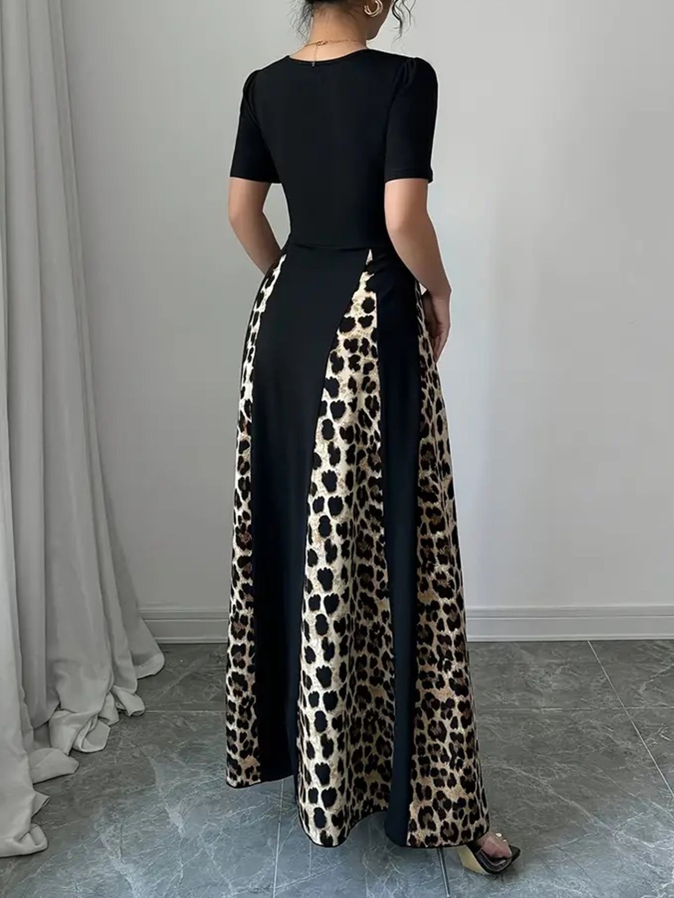 Plus Size Women Summer Short Sleeve U-neck Leopard Patchwork Elegant Dress 3