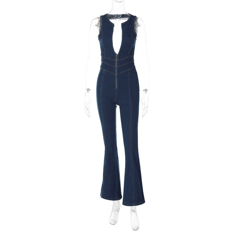 Women's Summer Slim Fit Fashion Low Back Retro High Waist Denim Jumpsuit 9