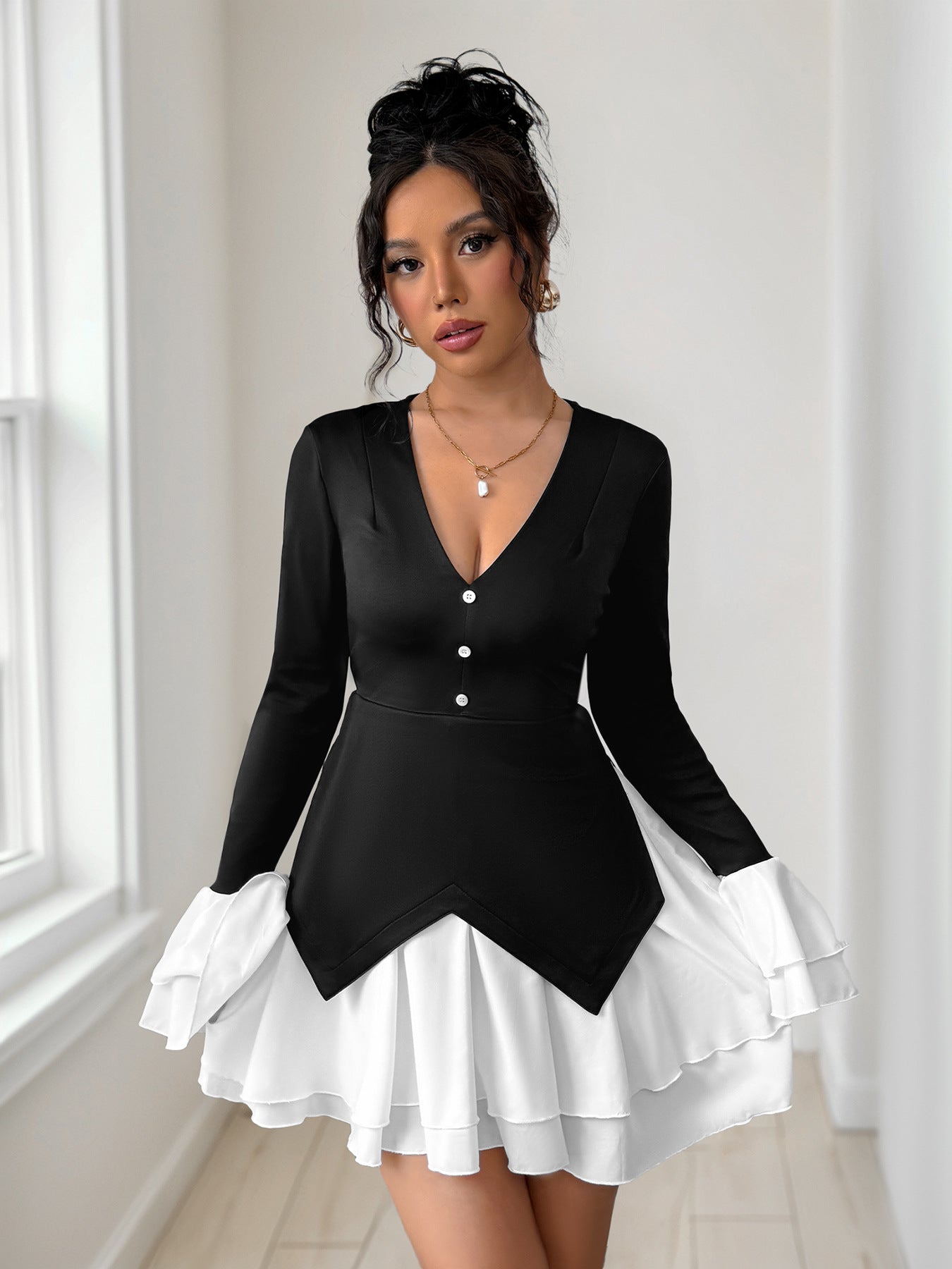 Chic Ruffle Contrast Patchwork Long-Sleeve Autumn Dress
