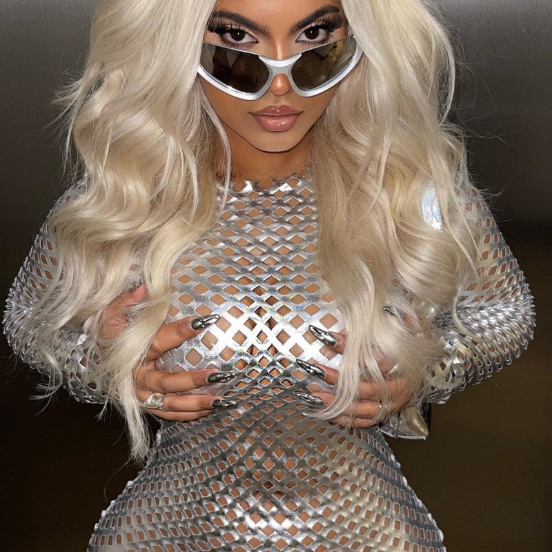 Autumn Solid Color Round Neck Hollow Long Sleeve Glossy Slim Fit Sexy Dress 5