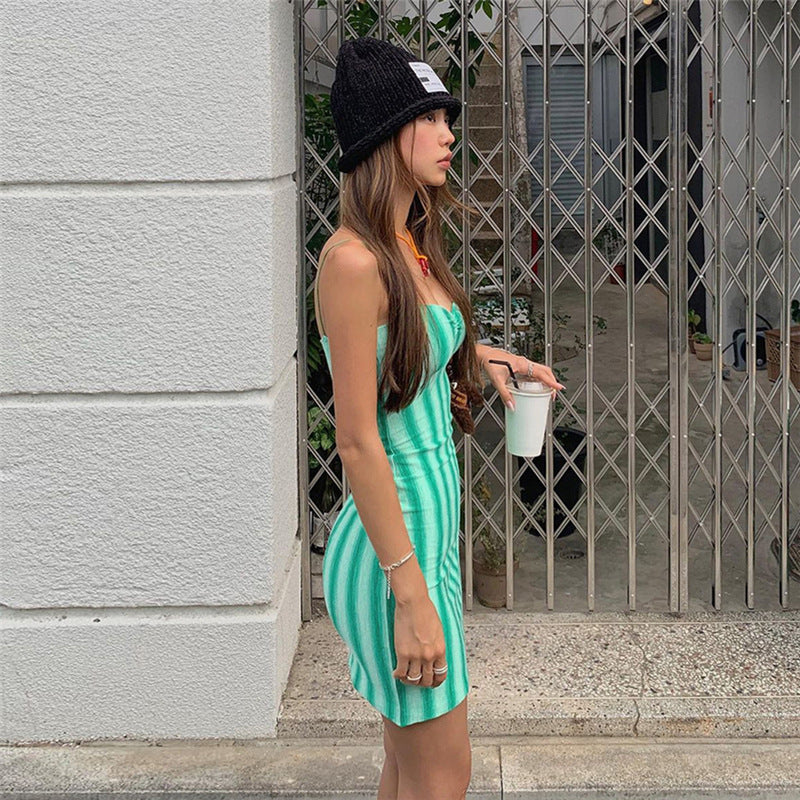 Women summer Casual Style striped print sleeveless suspender Bodycon Dress 12