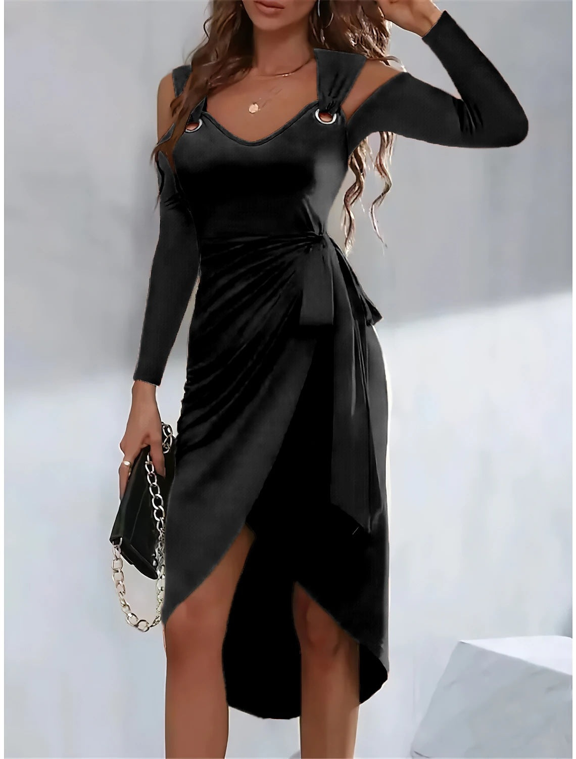 Women Solid Metal Button V-Neck Lace-Up Dress 9