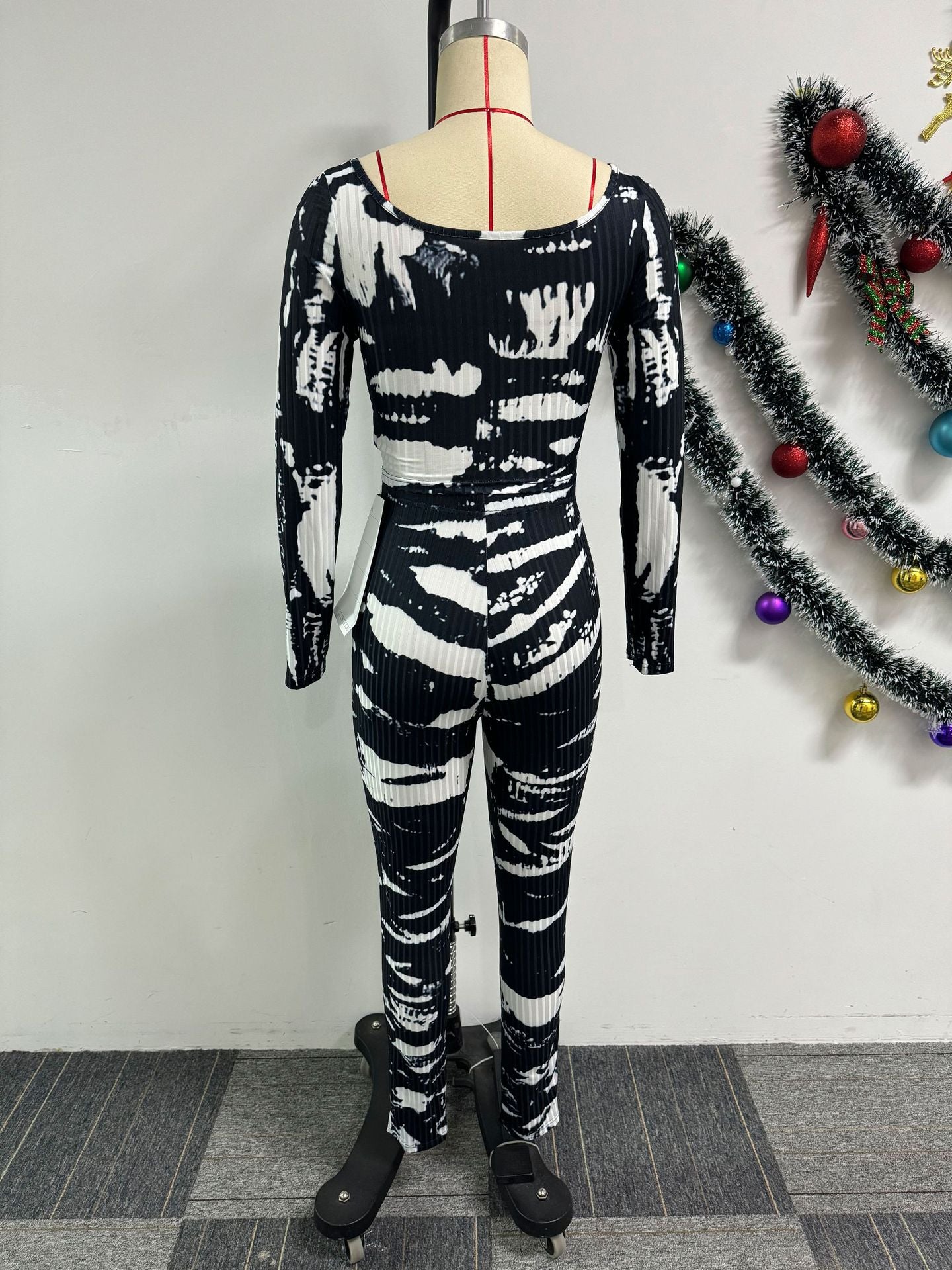 Sexy Printed Slim Fit Stretch Ribbed Two-Piece Pants Set 5