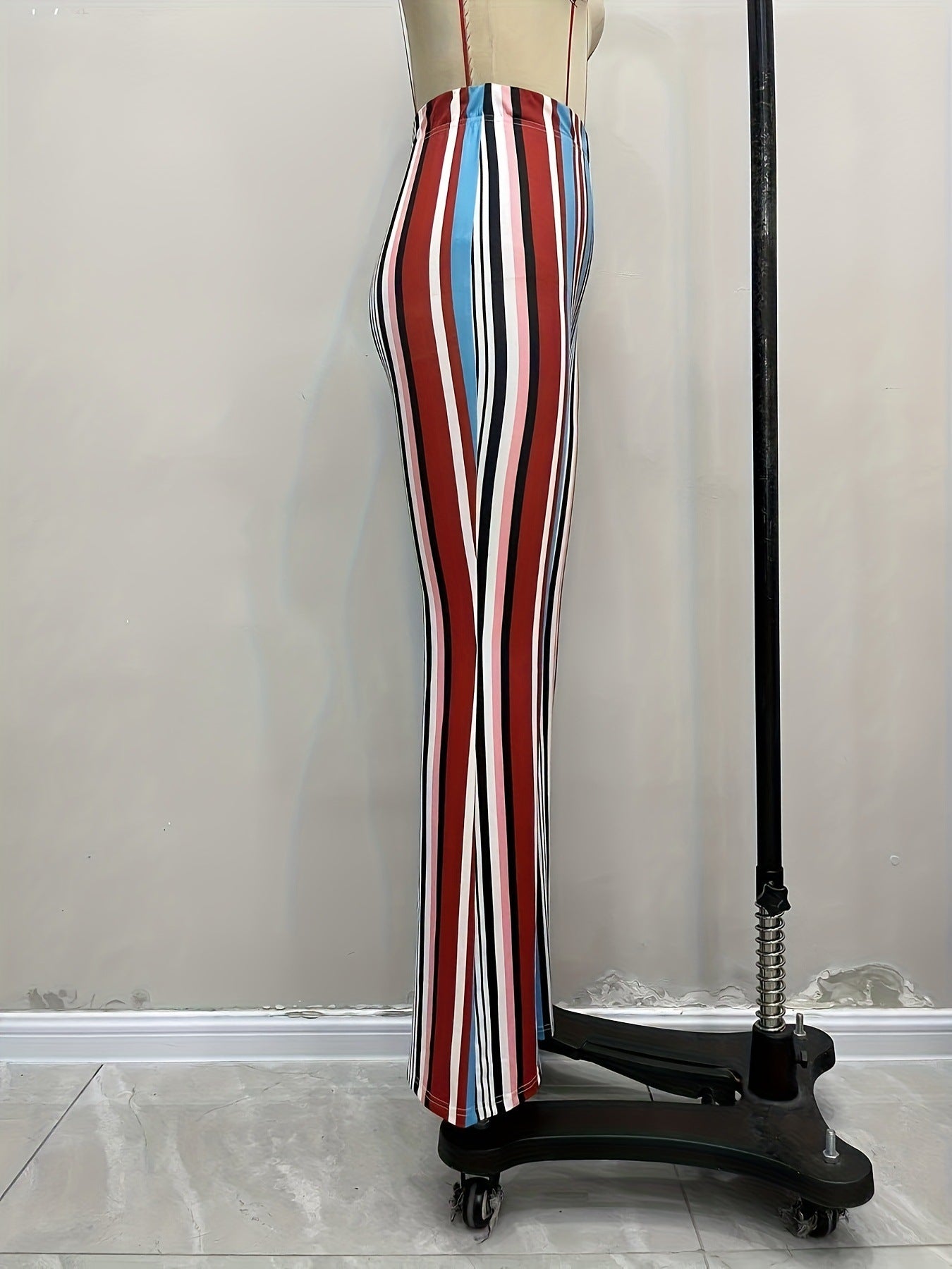 Women Pu-Leather striped print Bell Bottom Pants 4