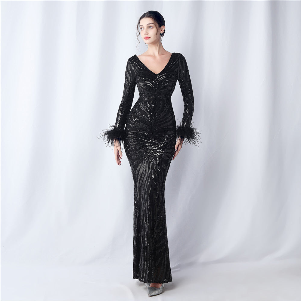 V-Neck Feather Long-Sleeved Sequined Evening Dress 14