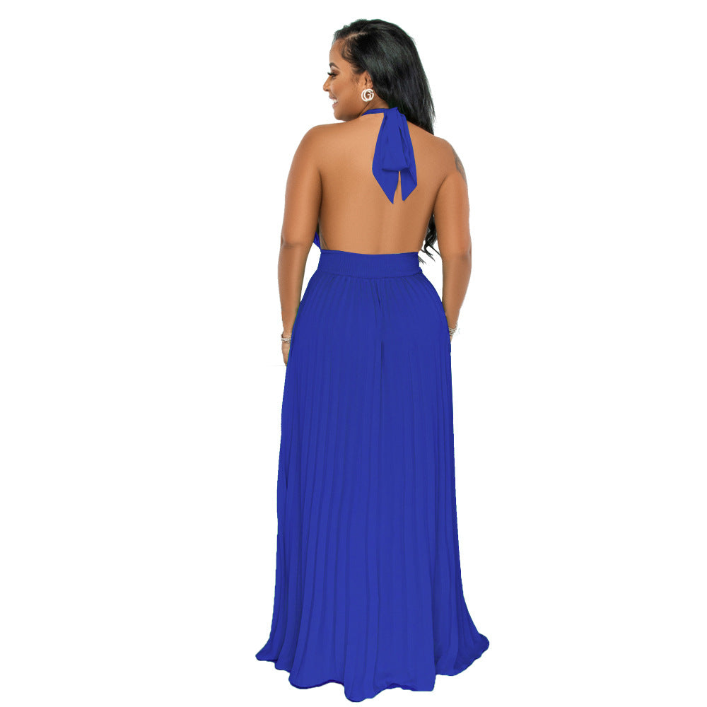 Sexy Halter Low Back Straps Solid Color Chiffon Pleated Dress 8