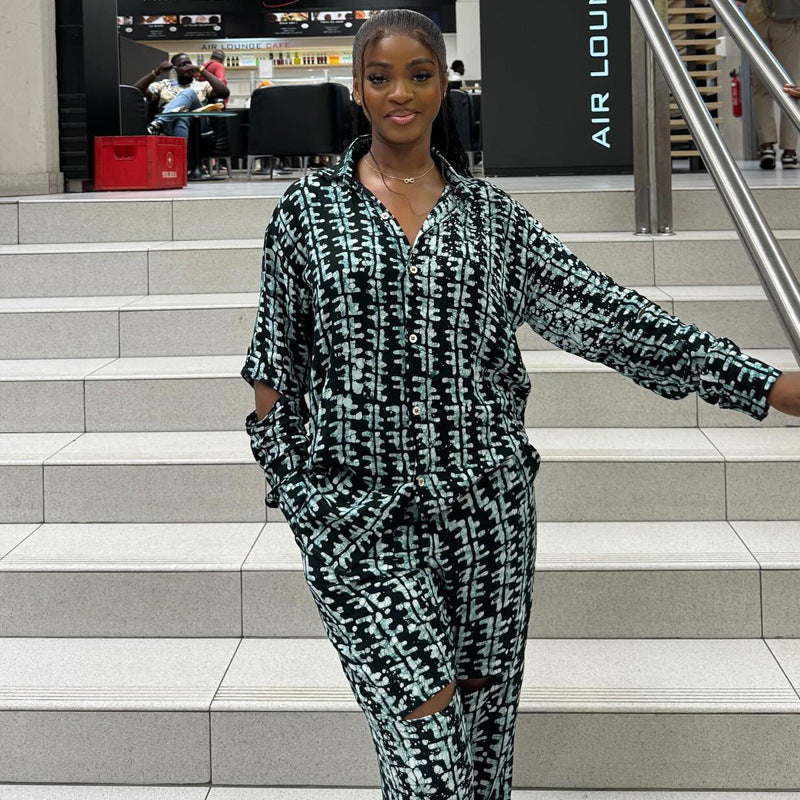 Africa Printed Fashion Casual Loose long-sleeved shirt and trousers two-piece suit for women 5