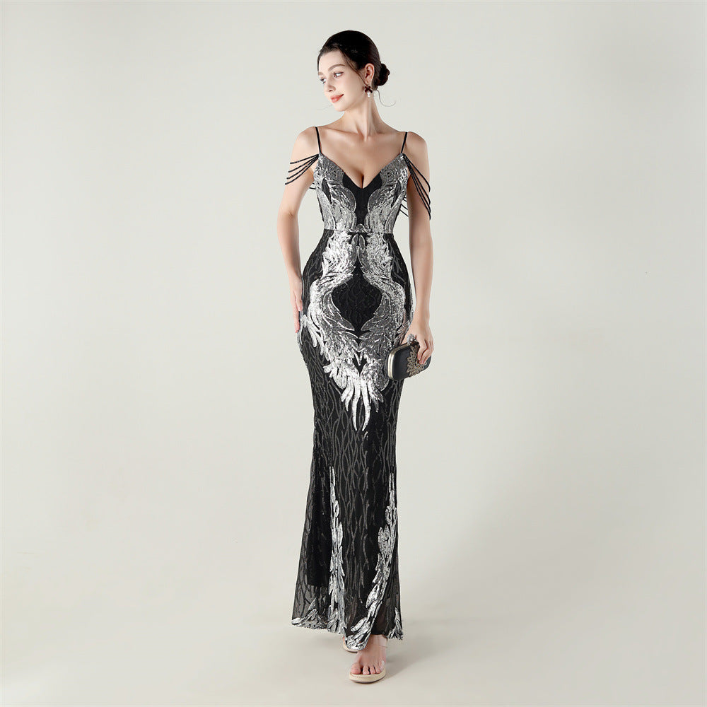 Women dangling beaded chain embroidered sequined V Neck Backless Formal Party evening dress 16