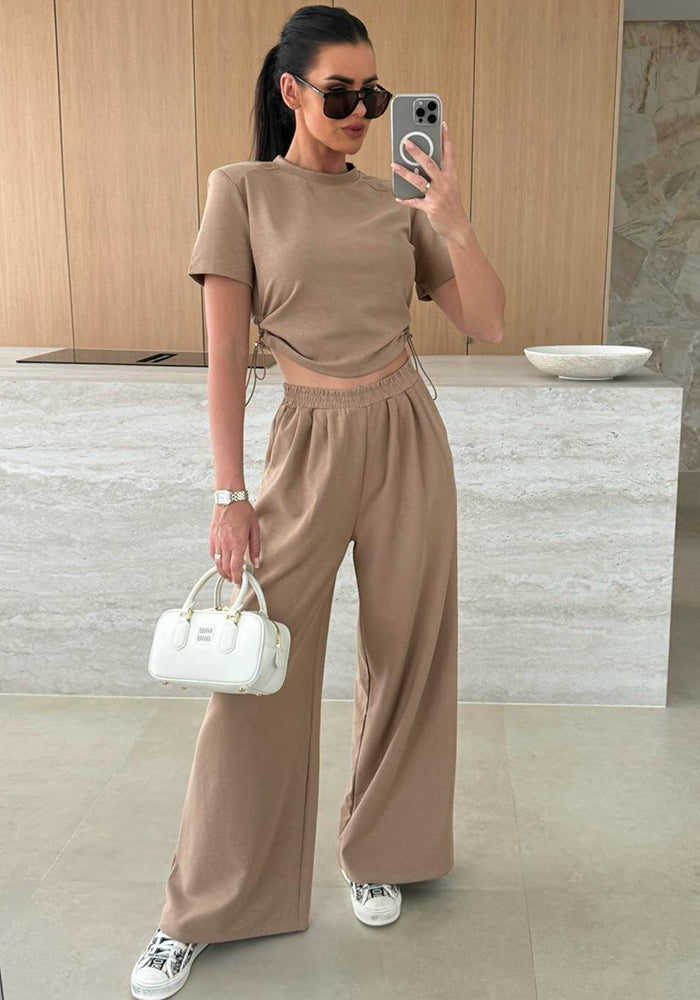 Summer Fashion Solid Color Short Sleeve T-shirt Wide Leg Trousers Two-Piece Set
