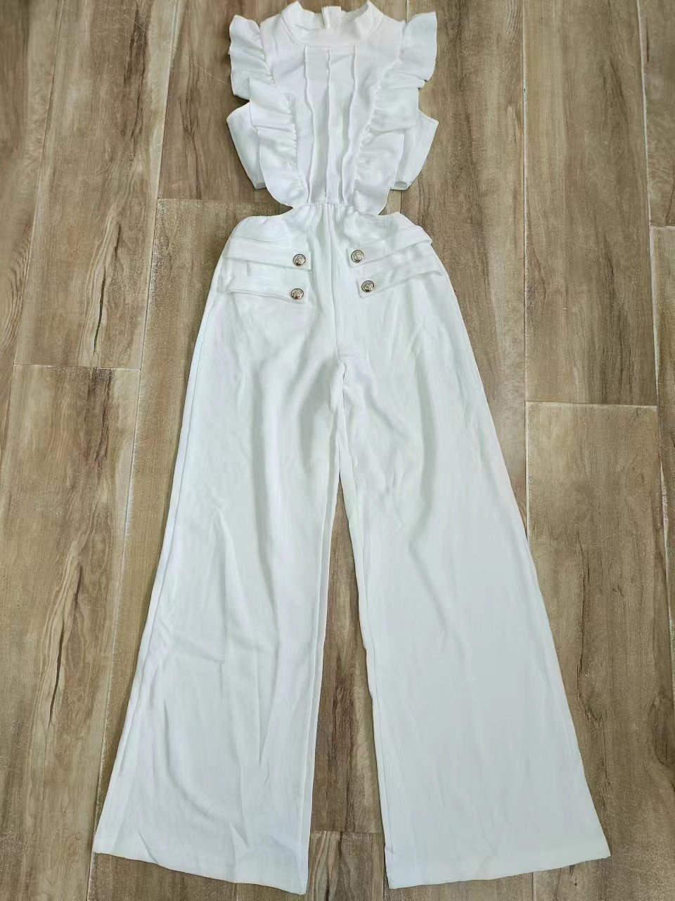 Women Summer Solid Round Neck Ruffle Wide Leg Jumpsuit 8