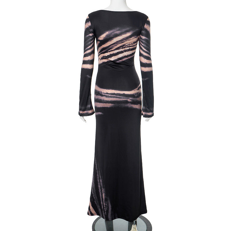 Women's Autumn Print Hollow Waist Sexy Slim Long Dress 6