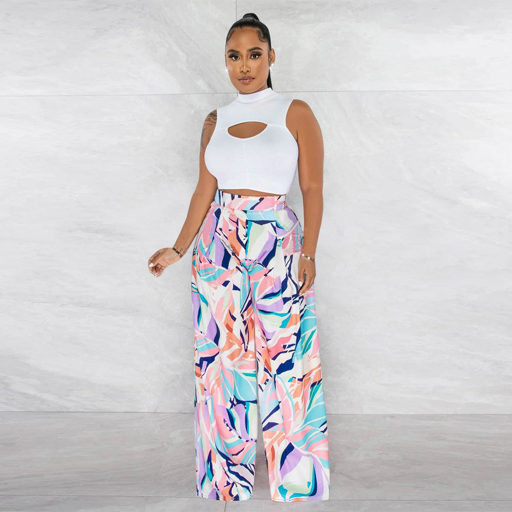 Women's Fashion Sleeveless Round Neck Cropped Top Printed Wide Leg Pants Two-Piece Set 3