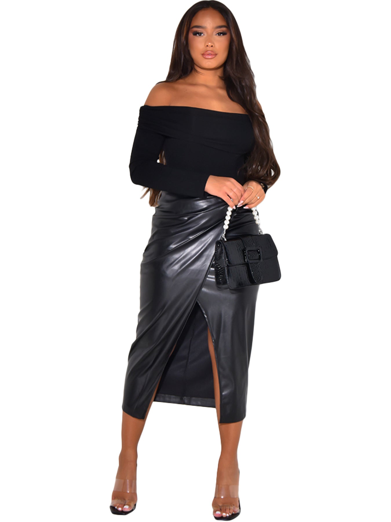Women's Chic Pu Leatherwinter And Spring High Waist Slit Irregular Versatile Midi Skirt 6