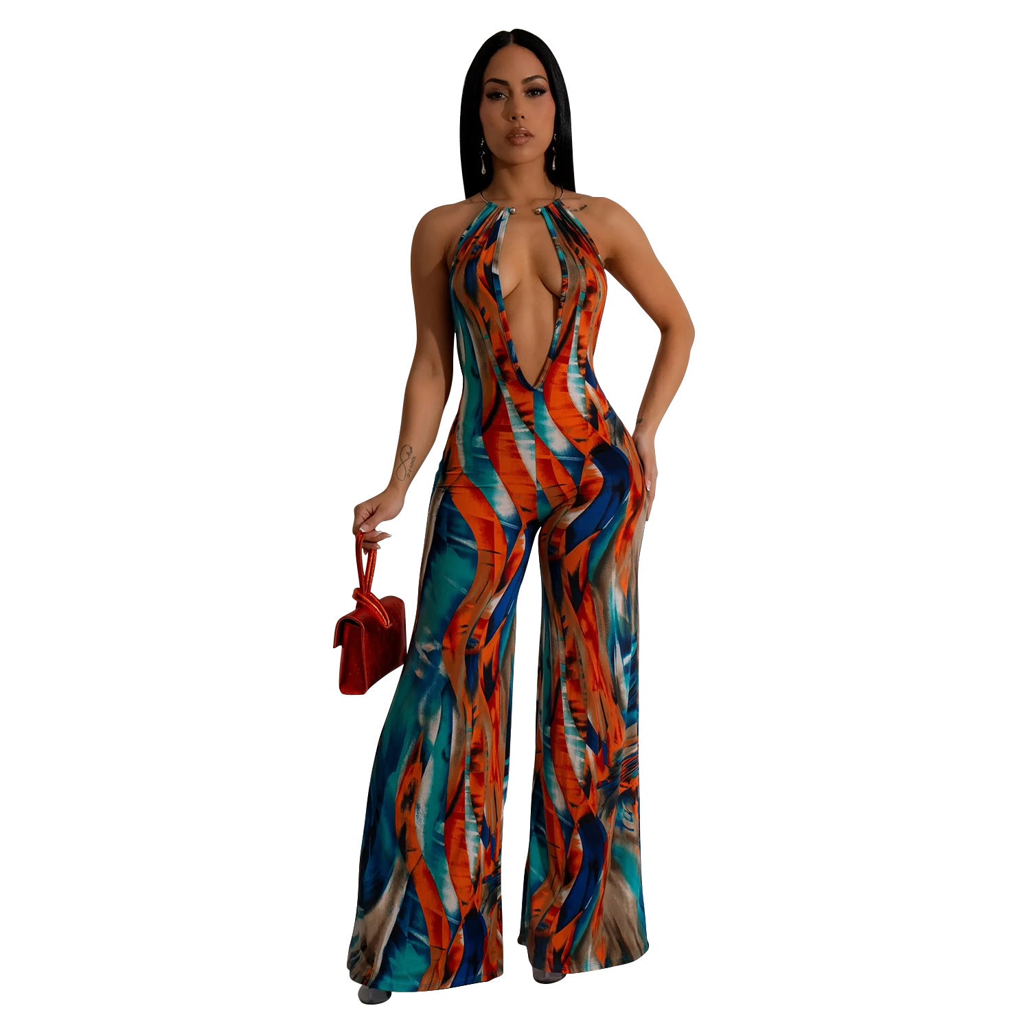 Women Printed Sleeveless V Neck Color Block Backless Jumpsuit 7