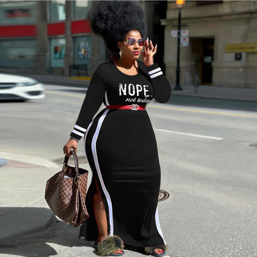 Boutique Fall Winter Plus Size Round Neck Long Sleeve Striped Color Block Long Dress