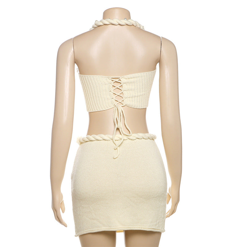 Women Summer Style Casual Solid Knitting Halter Neck Top and Skirt Two Piece Set 11