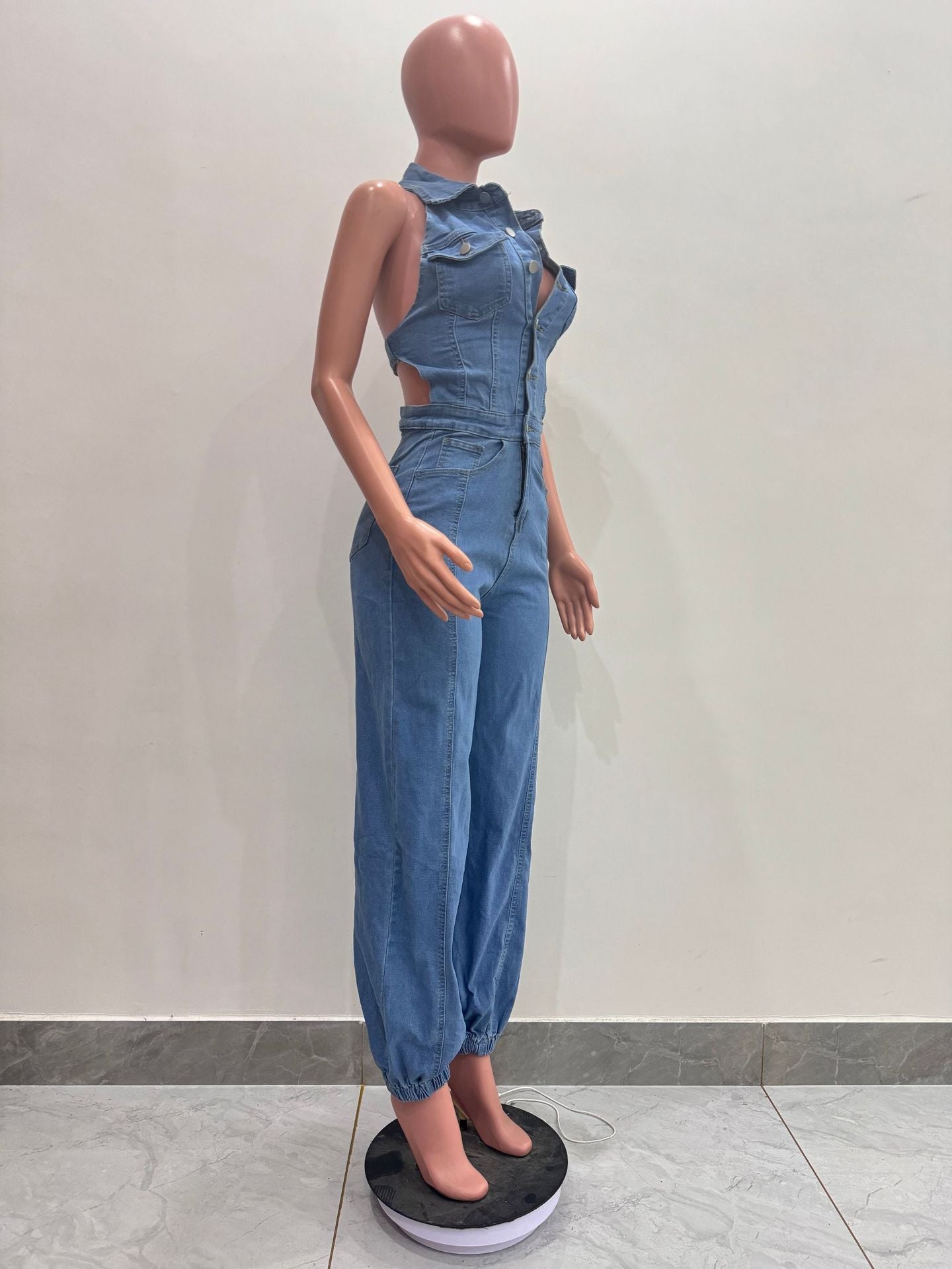 Sleeveless Low Back Washed High Stretch Casual Denim Jumpsuit 6