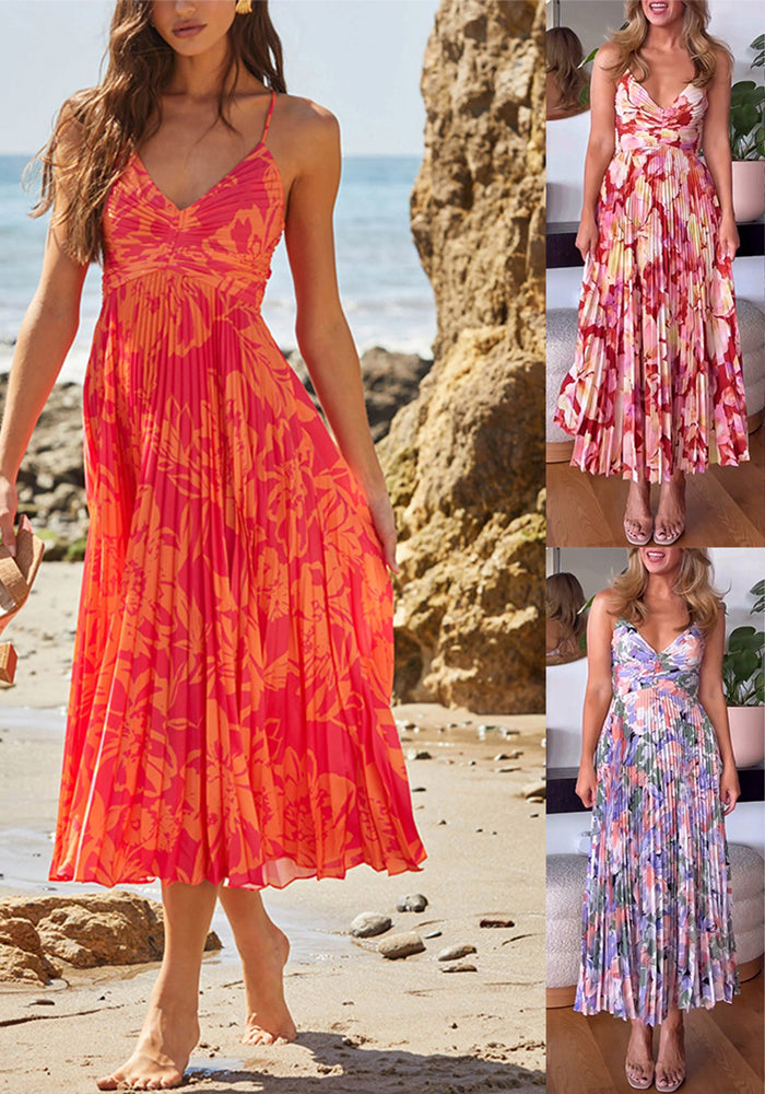Women V-Neck Printed Sleeveless Beach Pleated Sexy Strap Dress