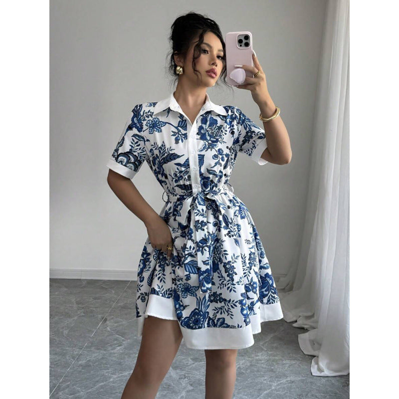 Fashion Slim Waist Printed Belt Short Sleeve Dress
