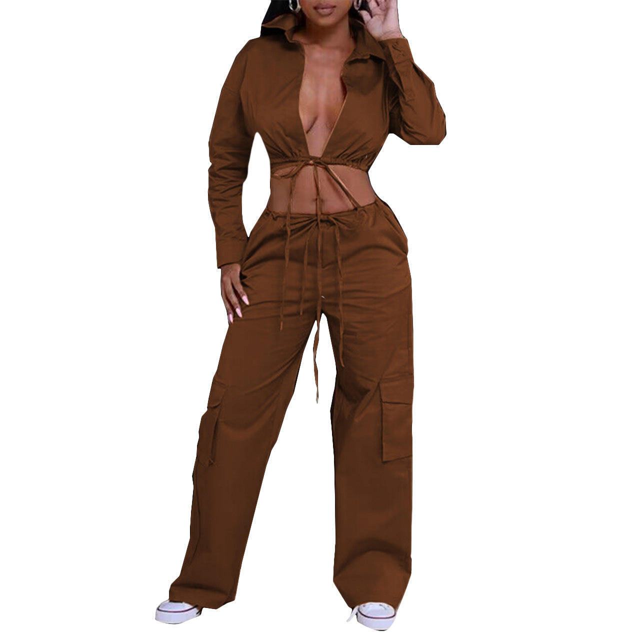 WomenCasual Backless Lace-Up Long Sleeve Top and Pocket Pants Two-Piece Set 7