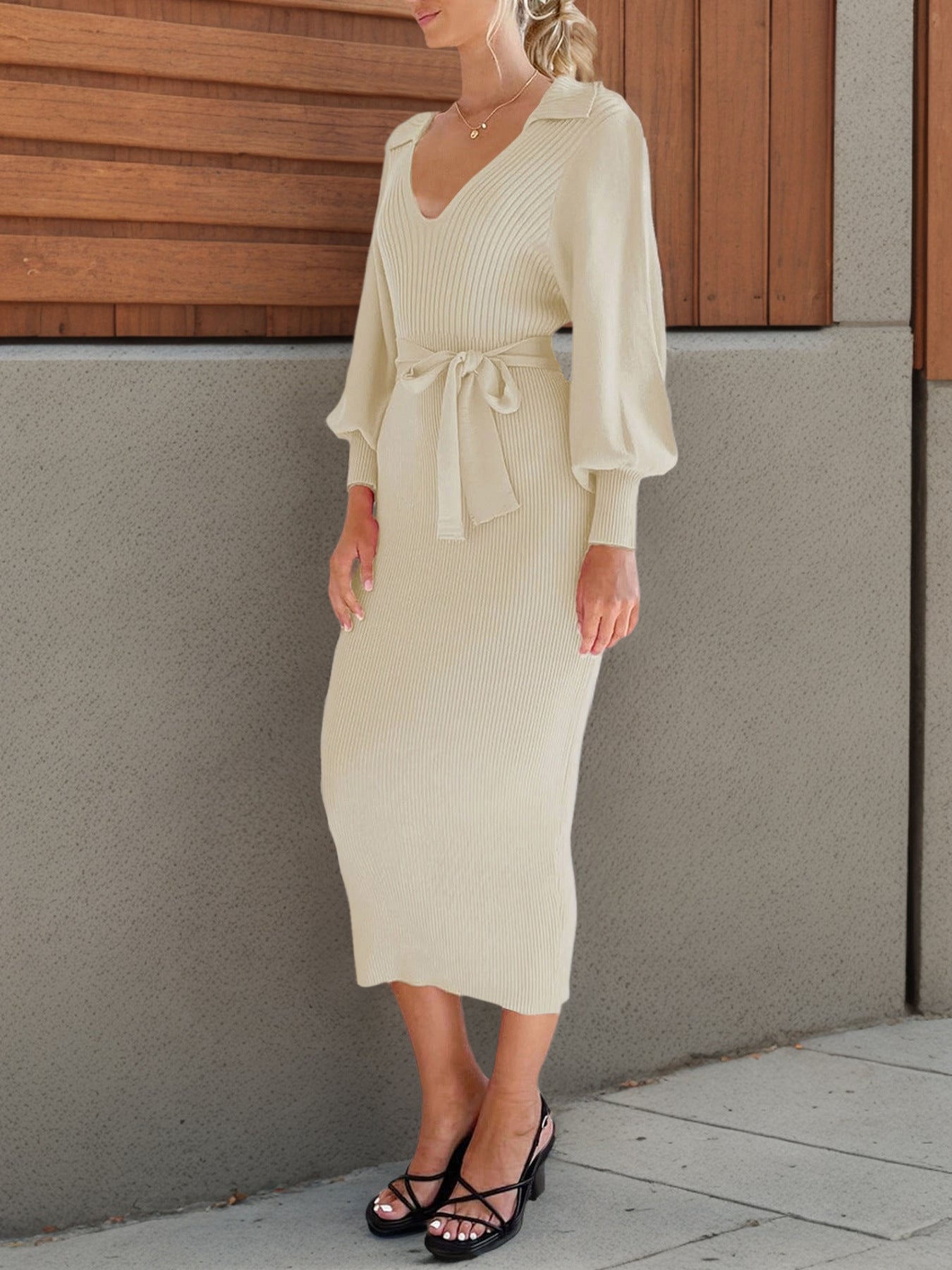 Women autumn solid elegant Career Knitting v-neck lace dress 5