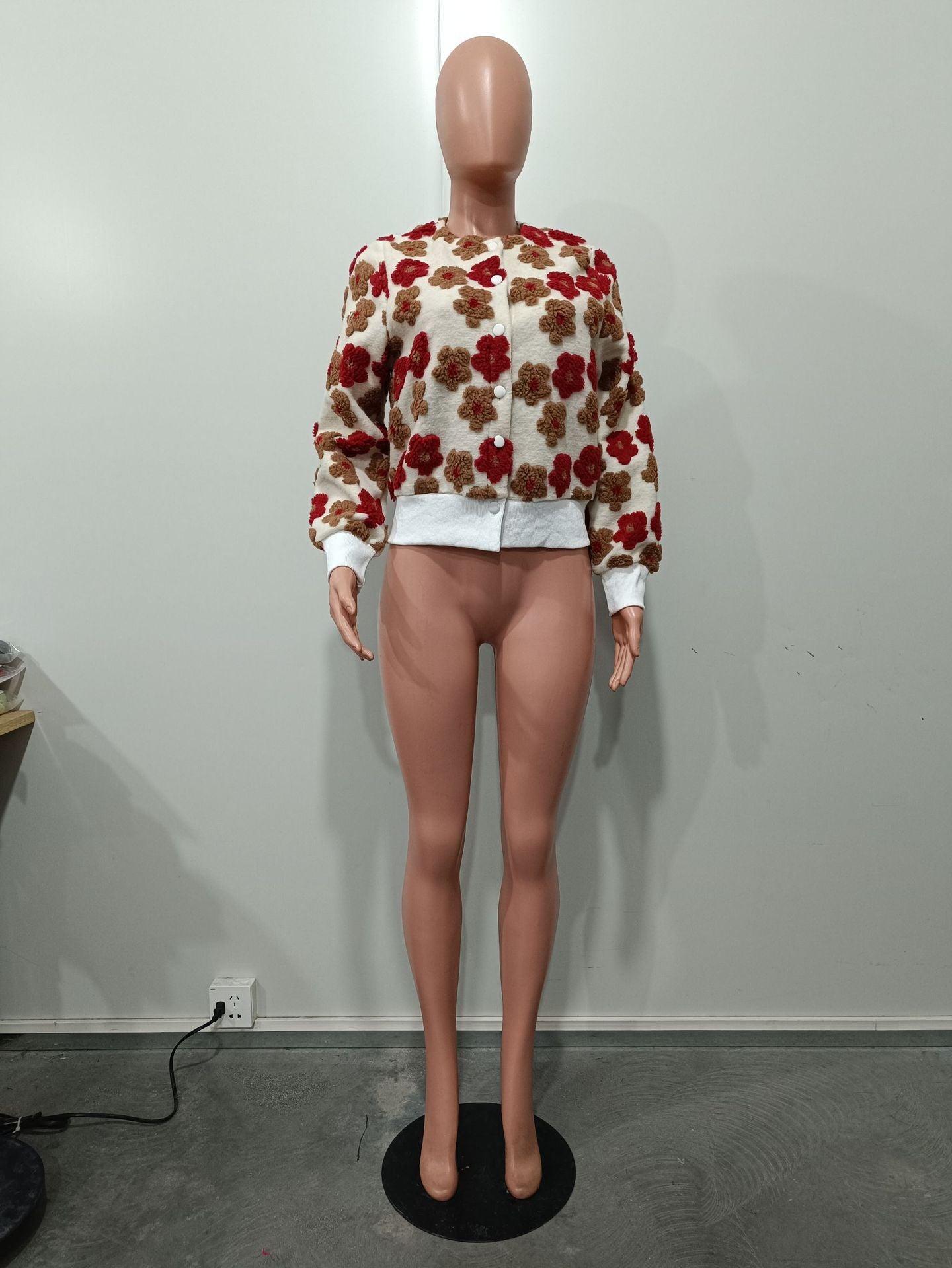 Women Flower Ribbed Long Sleeve Jacket 11