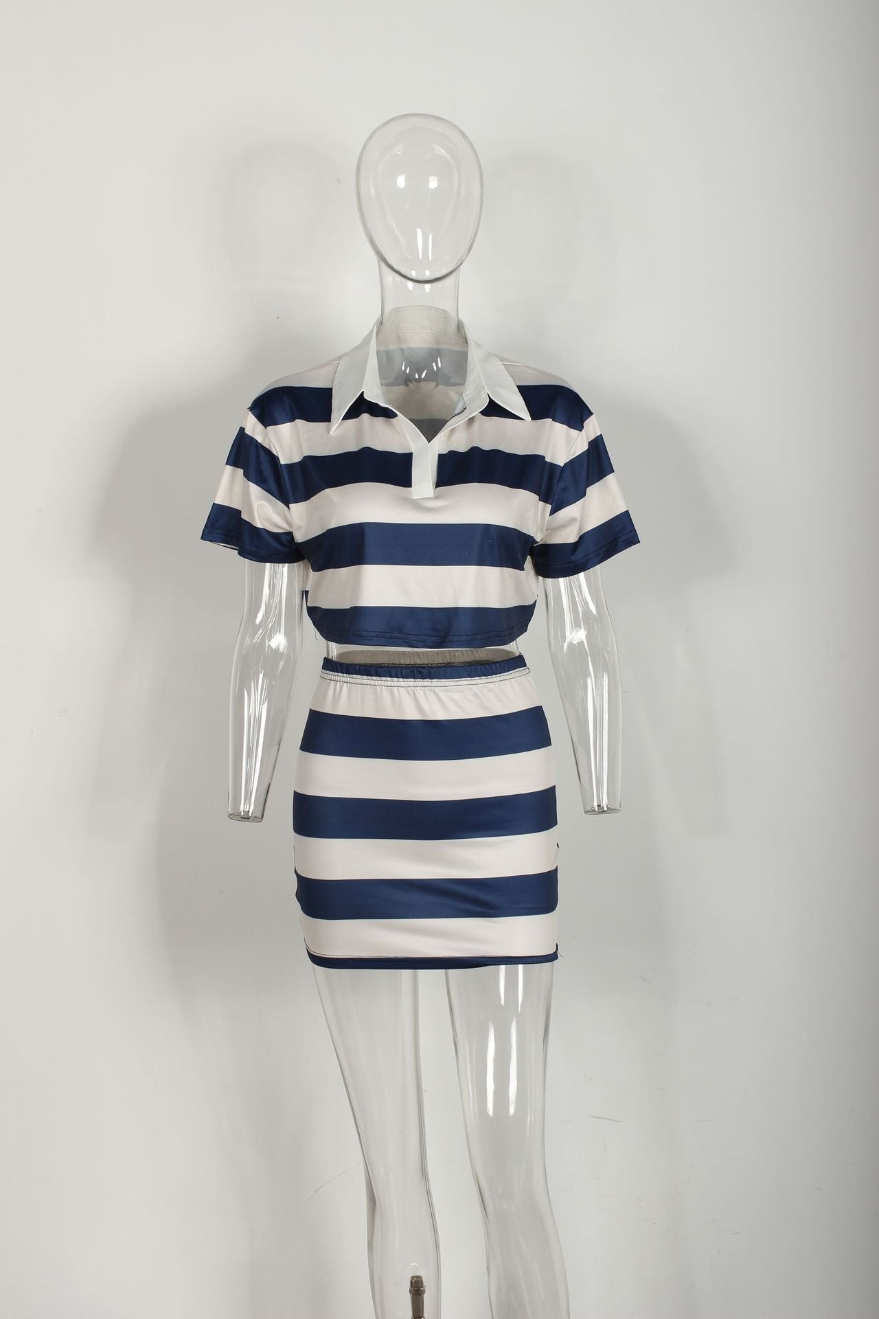 Women Striped Contrast Turndown Collar Crop Top and Skirt Two-Piece Set