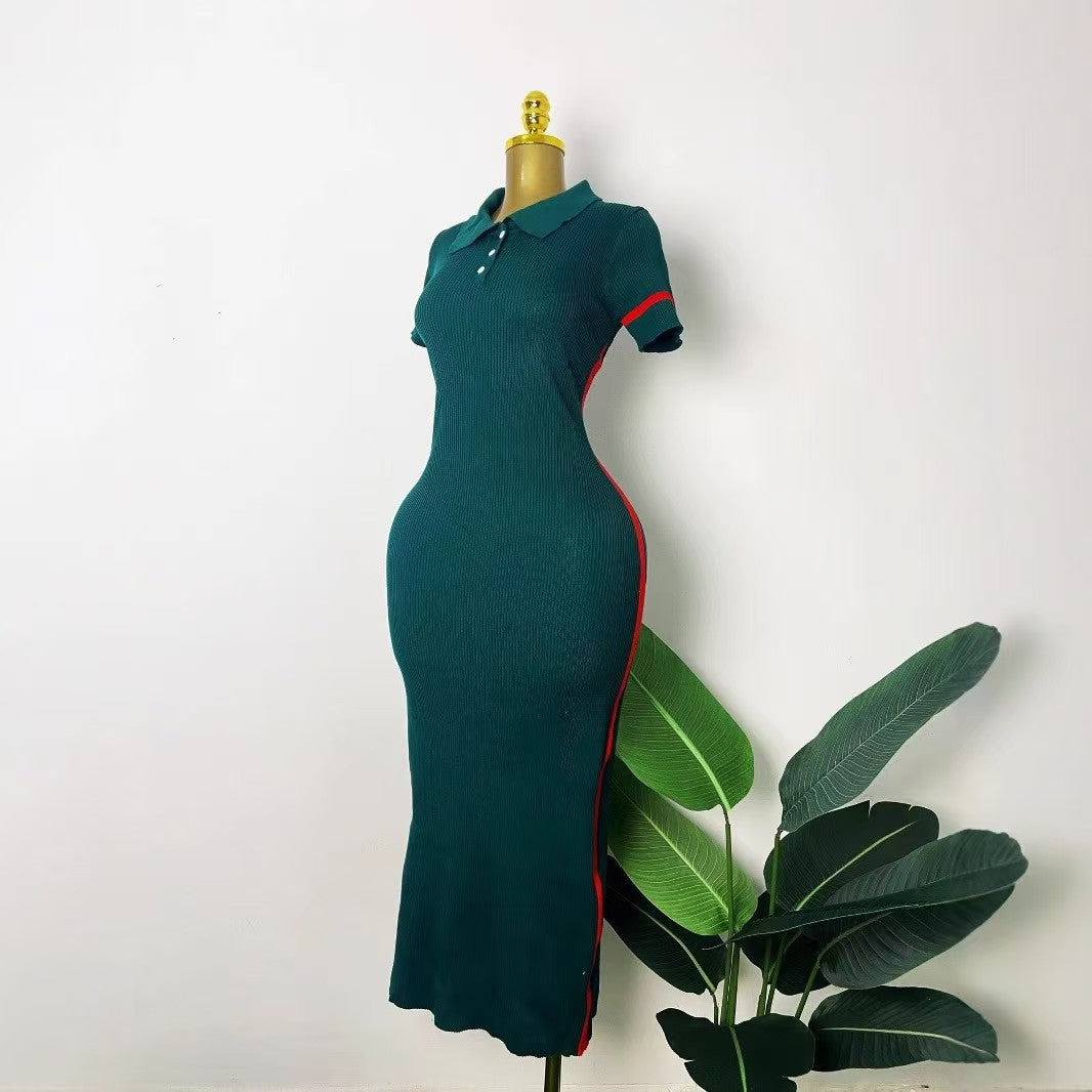 Women's Fashion Turndown Collar V-Neck Short Sleeve Knit Midi Dress 17