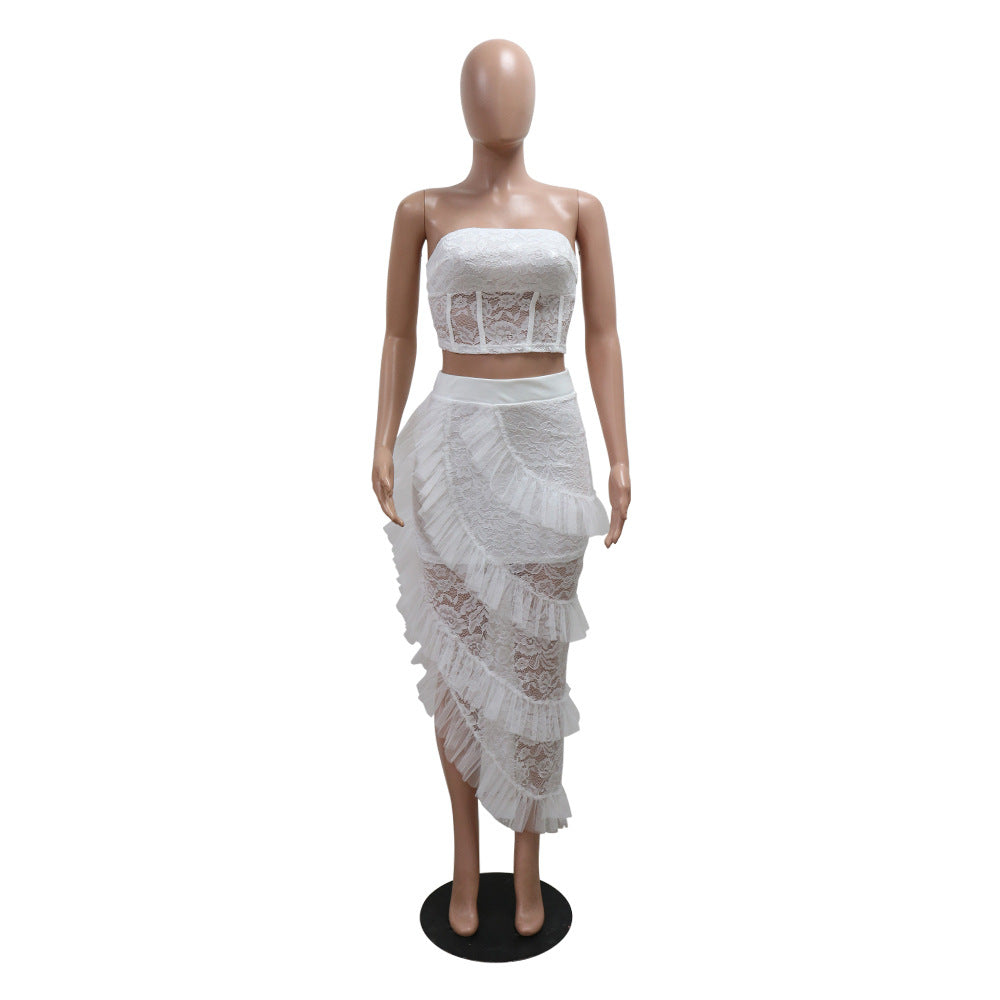 lace Strapless top irregular skirt solid color women two-piece set 9