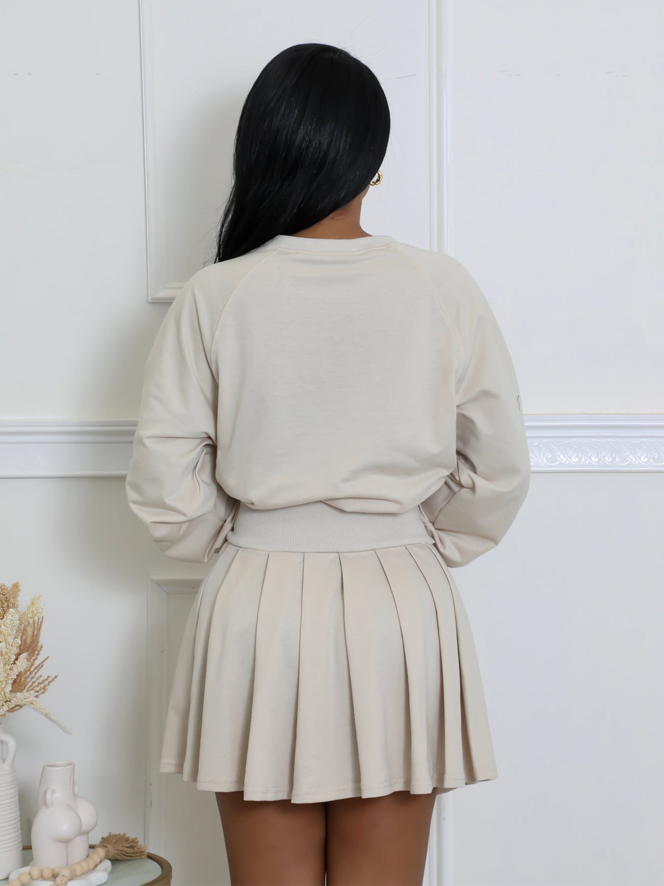 Women Casual Long Sleeve Top Pleated Mini Skirt Two-Piece Set 7