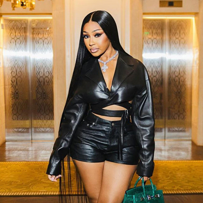 Women Sexy Turndown Collar V Neck Pu Leather Top and Shorts Two Piece Set 4