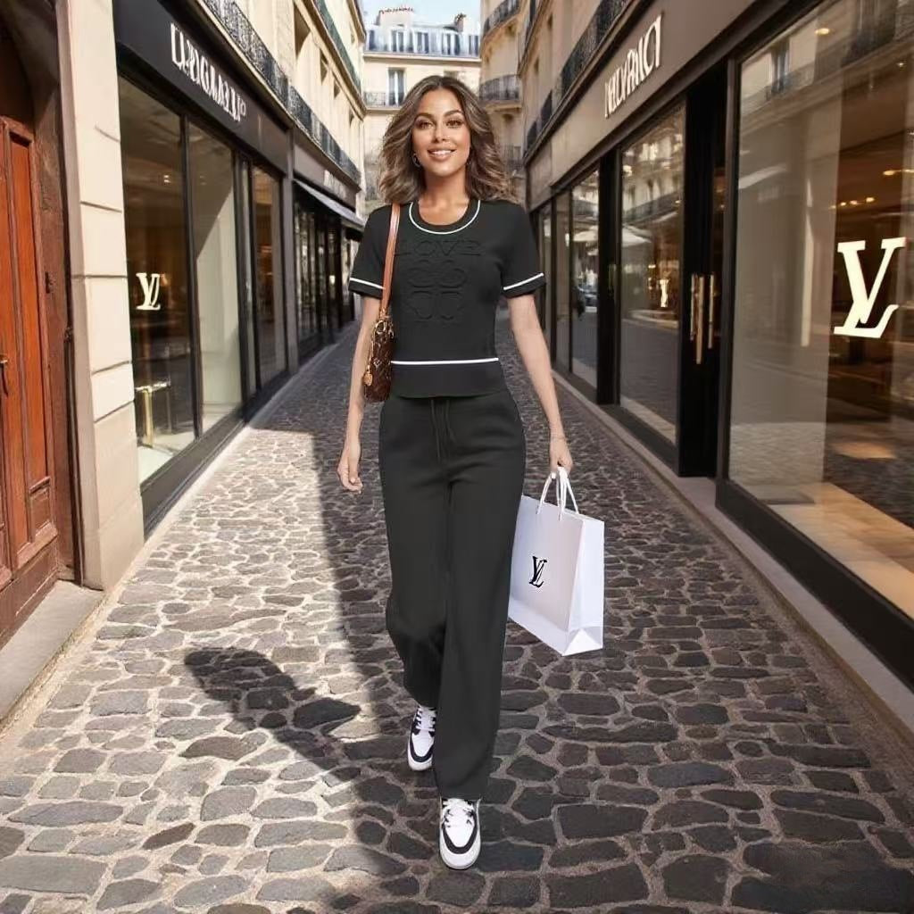 Spring/Summer Casual Knit Set Letter & Heart Print Short-Sleeve Top + High-Waist Pants 10