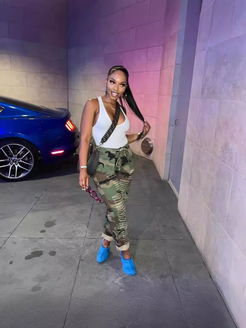 Spring Summer Women's Ripped Hollow Camouflage Long Pants 5