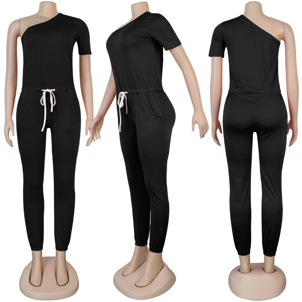 Sexy Women's Slash Shoulder Half Sleeve Solid Color Slim Fit Women's Sports Jumpsuit 28