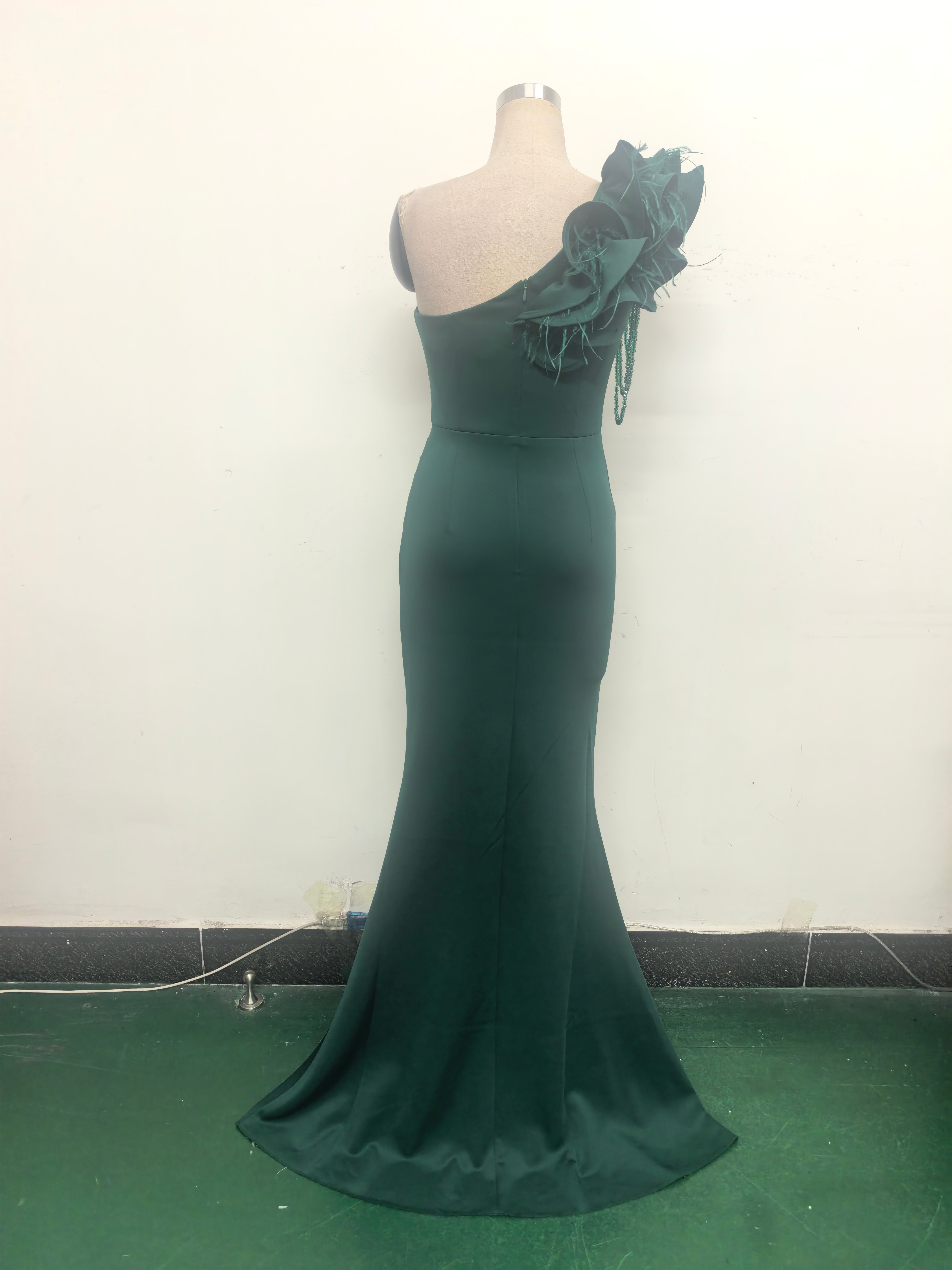 Women One-Shoulder Beaded Wool and Floral Satin Slit Sexy Evening Dress 45