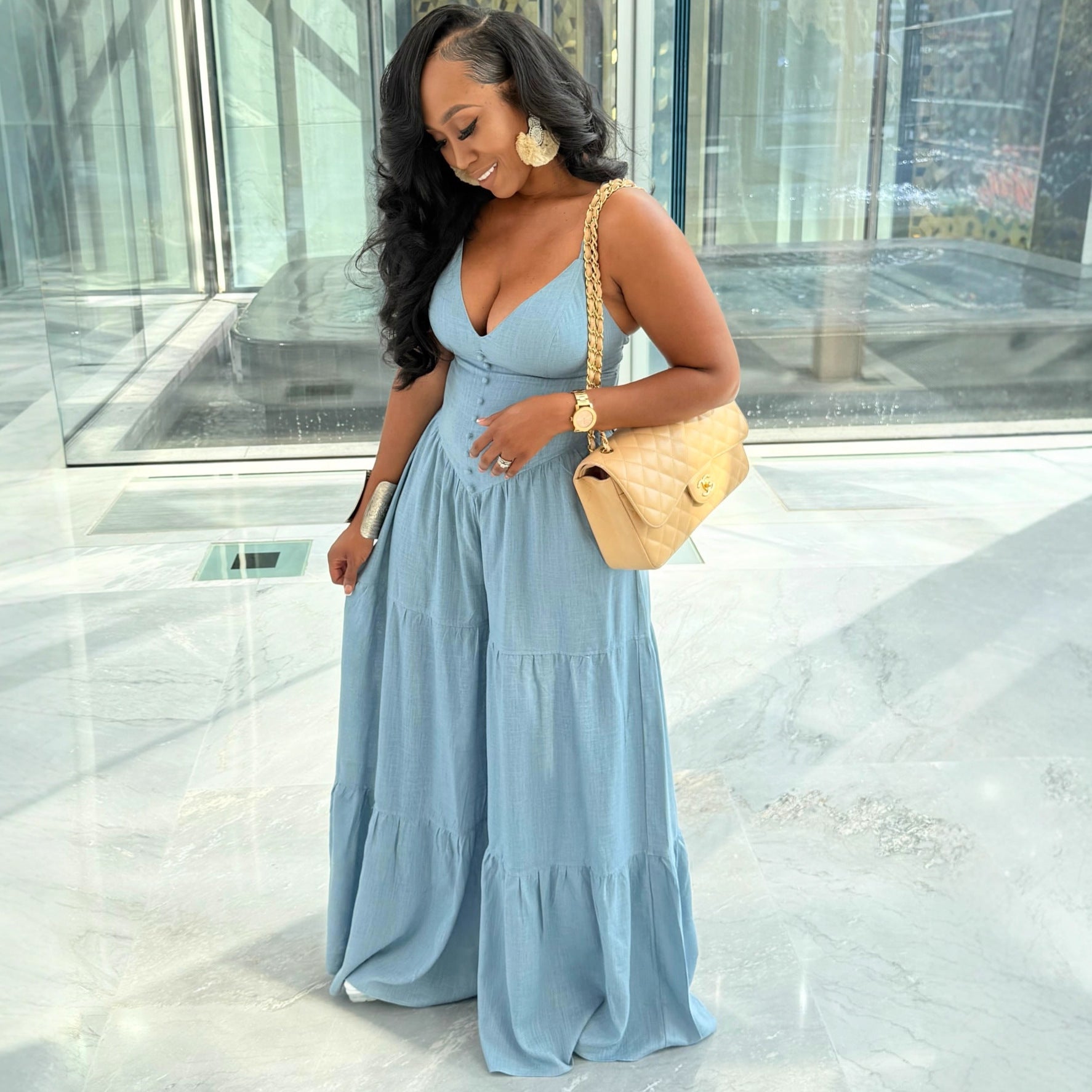 African Women sexy solid V-neck long jumpsuit 3