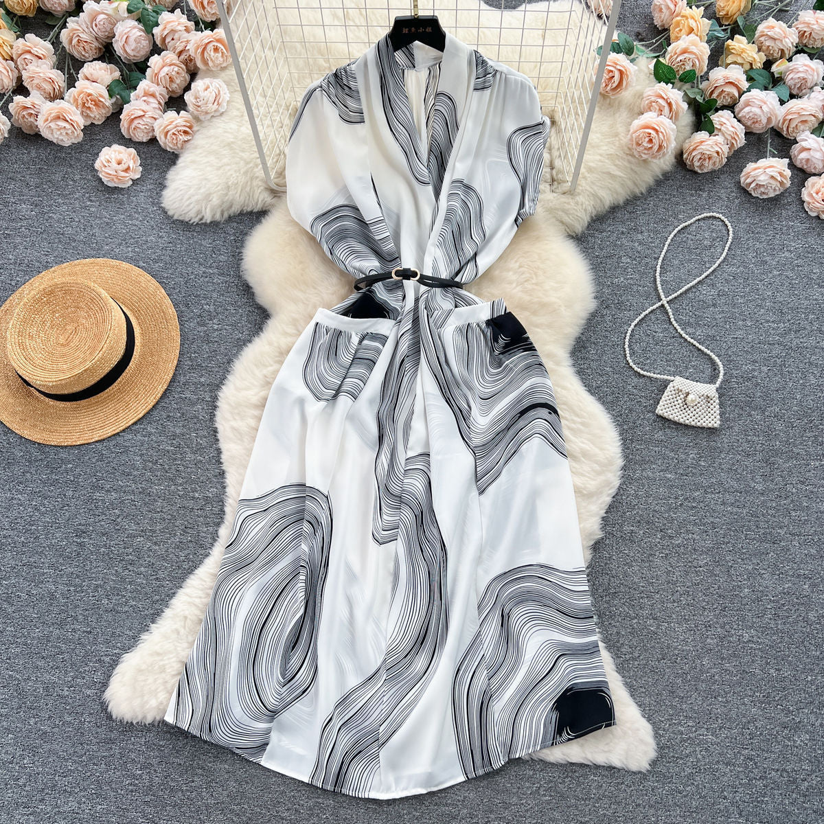 V-Neck Printed Summer Belt Slim Waist Loose Shirt Dress 3