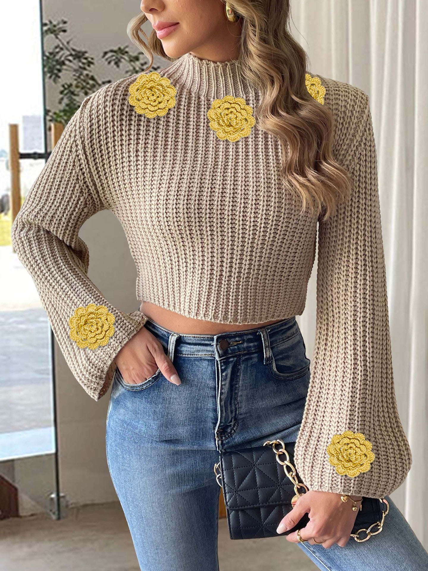Women's Short Crop Knit Sweater Autumn Winter Crochet Patchwork Bell Sleeve Mock Neck Pullover Top 9