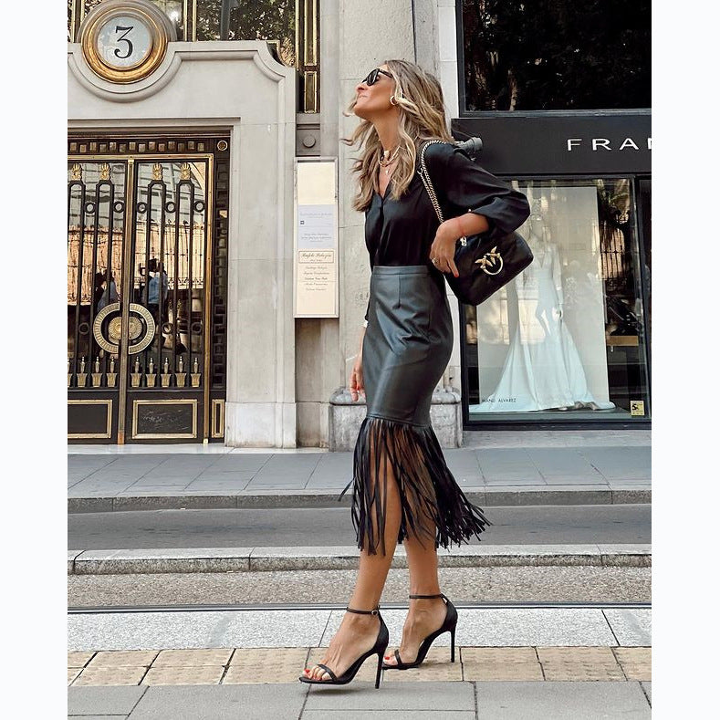 Street Trend Fall/Winter Tassel Patchwork Leather Skirt