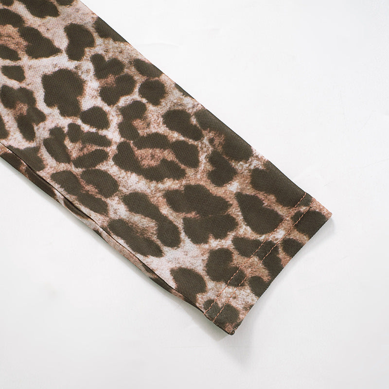 Women leopard print mesh long sleeve cape See-Through sexy two-piece set 13