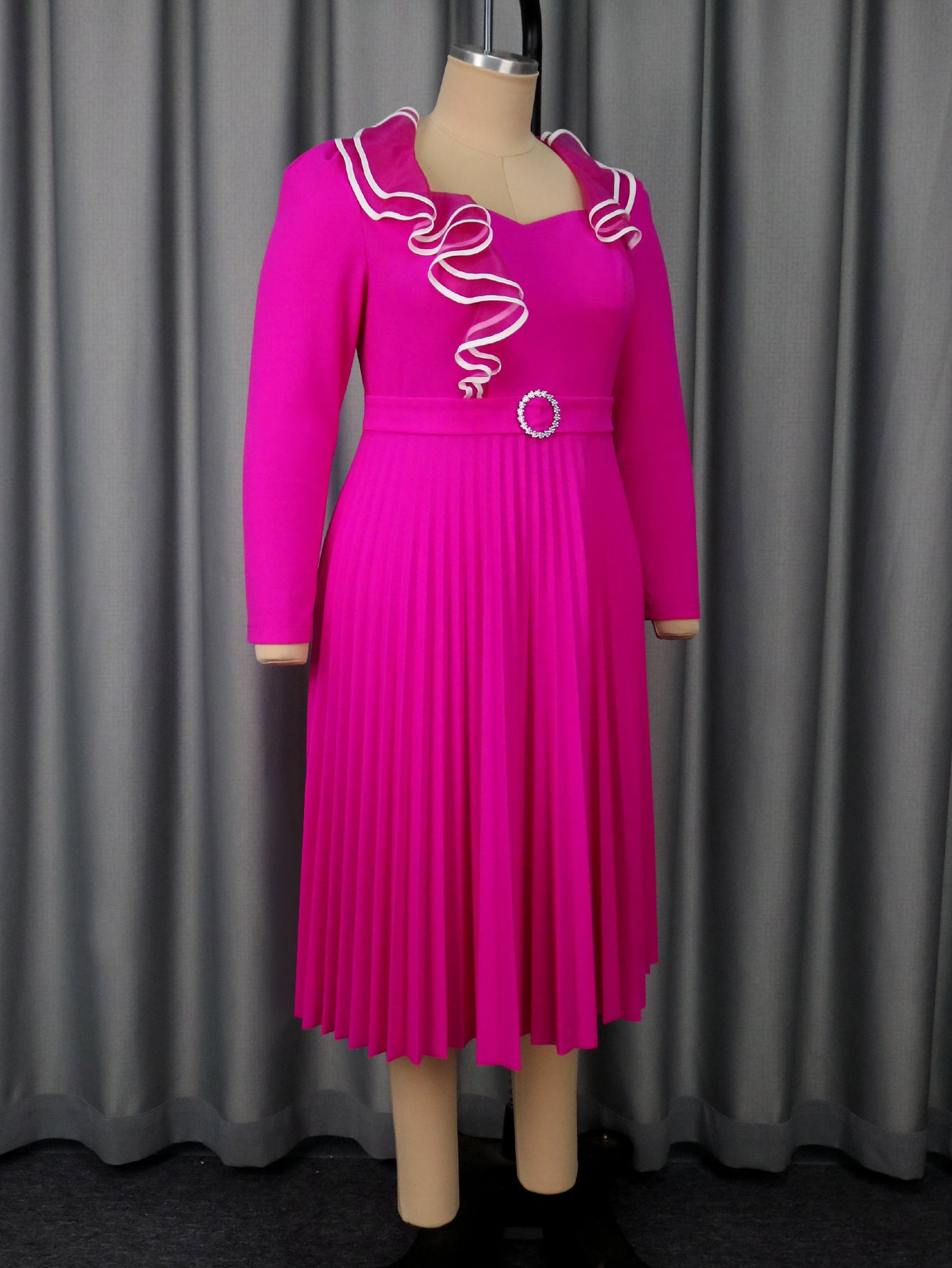 Plus-Size Women Elegant Rose Long-Sleeved Ruffled V-Neck Formal Party Pleated Dress 7