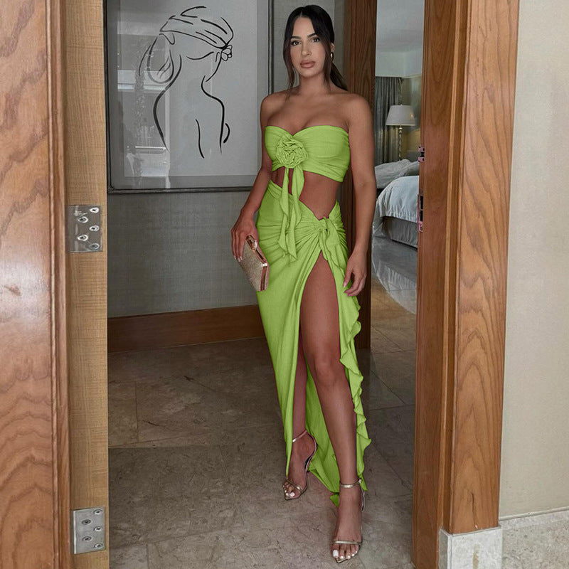 Women's Summer Fashion Sexy Strapless Slim Flower Pleated Split Tie Two Piece Skirt Set 16