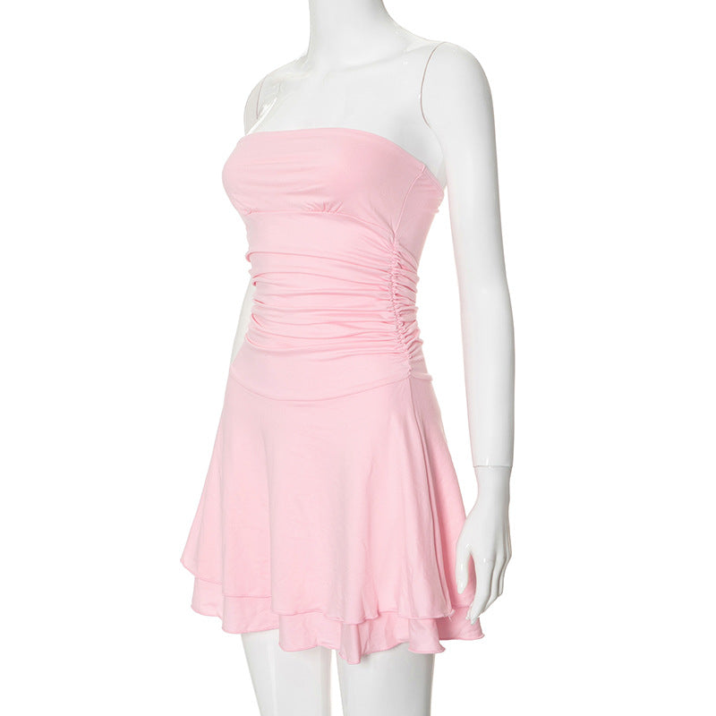 Women Pleated Skirt Solid Strapless Dress 15