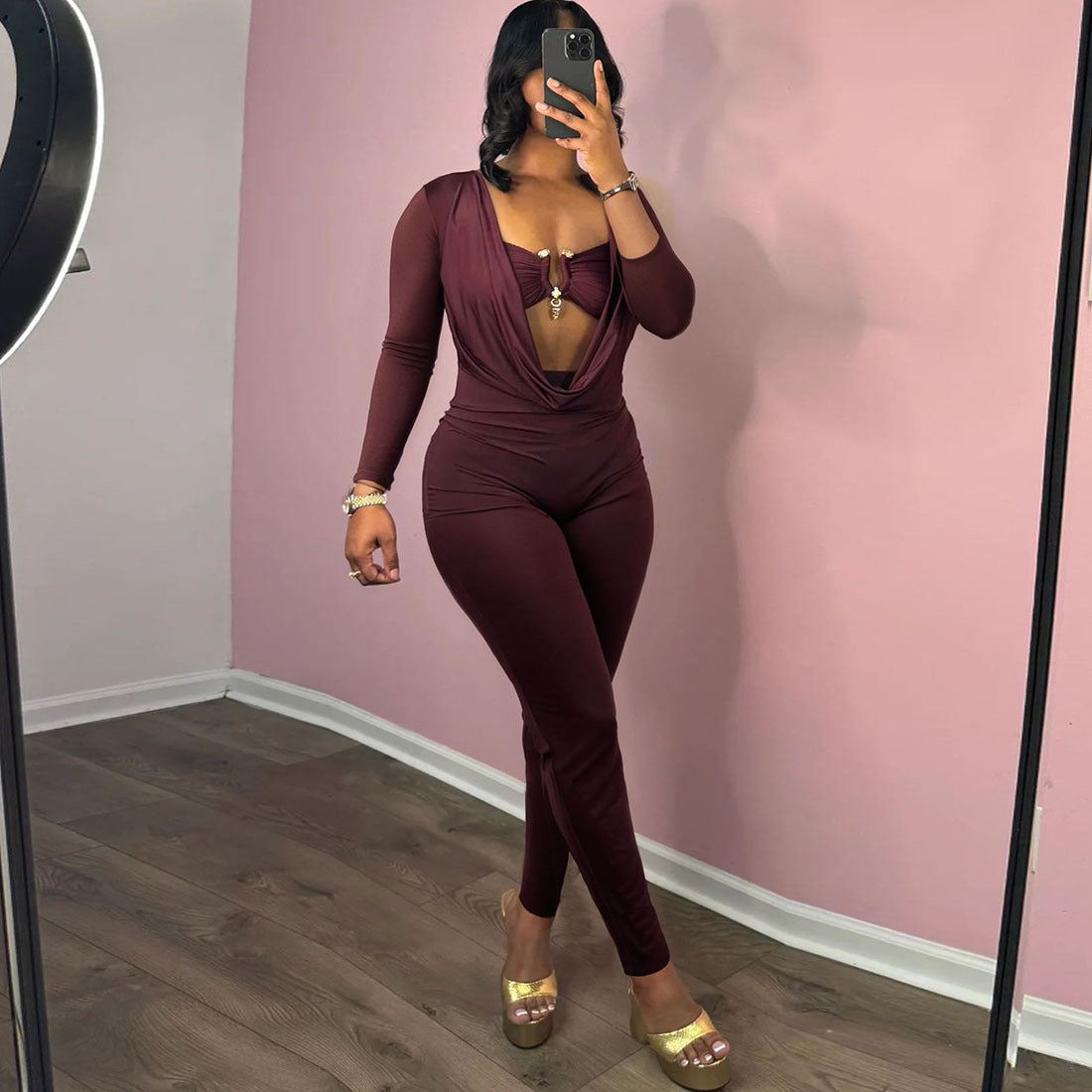 Summer Women's Fashion Sexy Draped Neck Slim Waist Bodycon Solid Color Jumpsuit 4