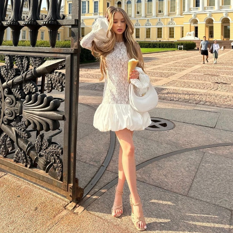 Women's Autumn And Winter Fashion Chic Long Sleeve See-Through Lace Ruffles Dress 4
