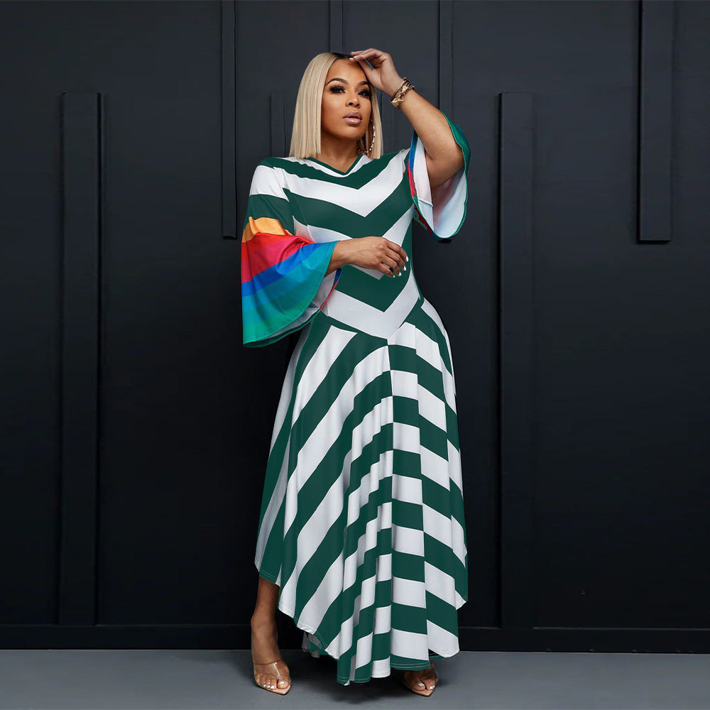 Women's Fashion V Neck Bell Bottom Sleeves Contrast Color Maxi Dress Slim Waist Dress 22