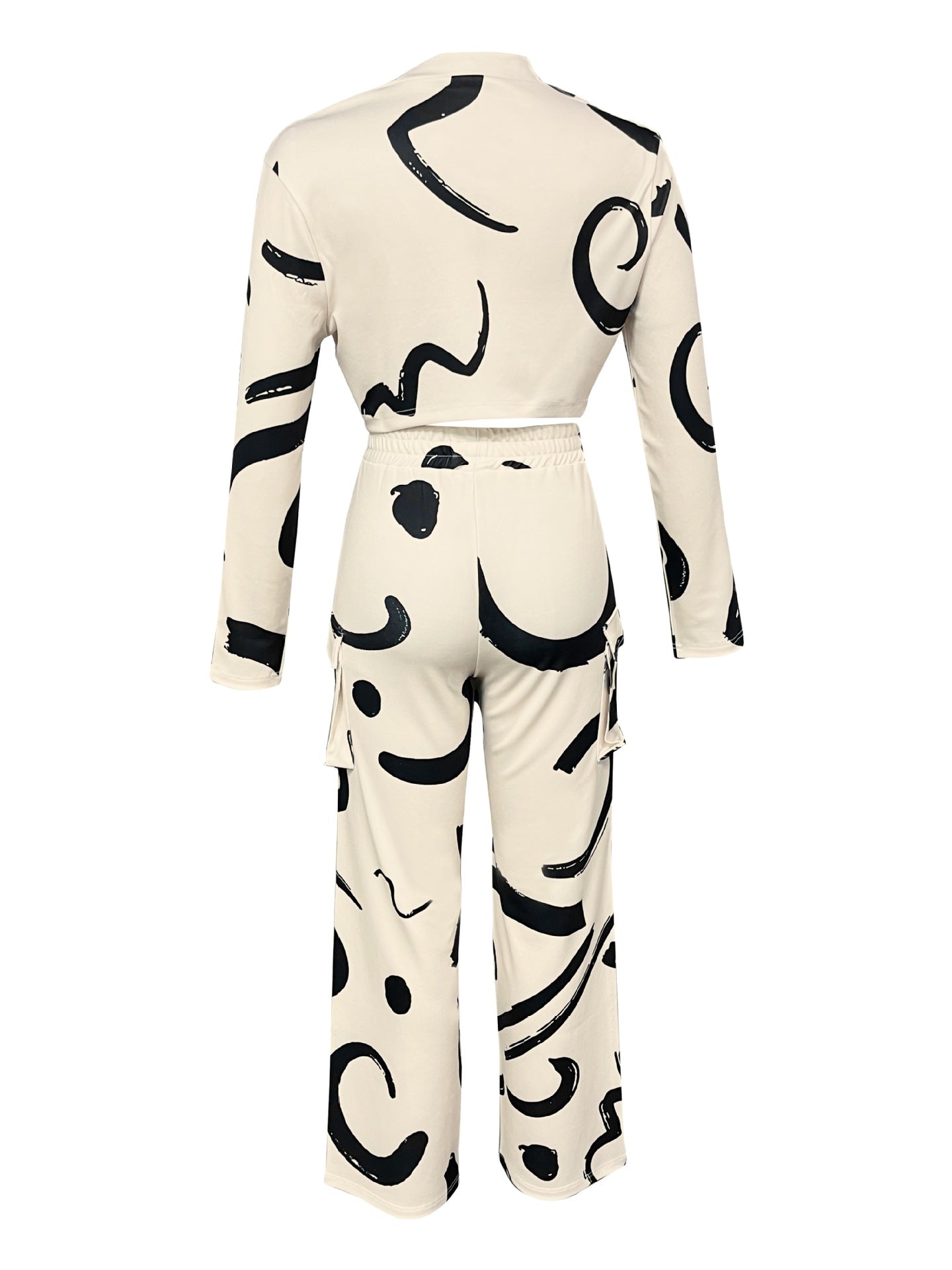 Women Autumn and Winter Geometric Line Print Casual Sexy Short Top and Pant Two-piece Set 10