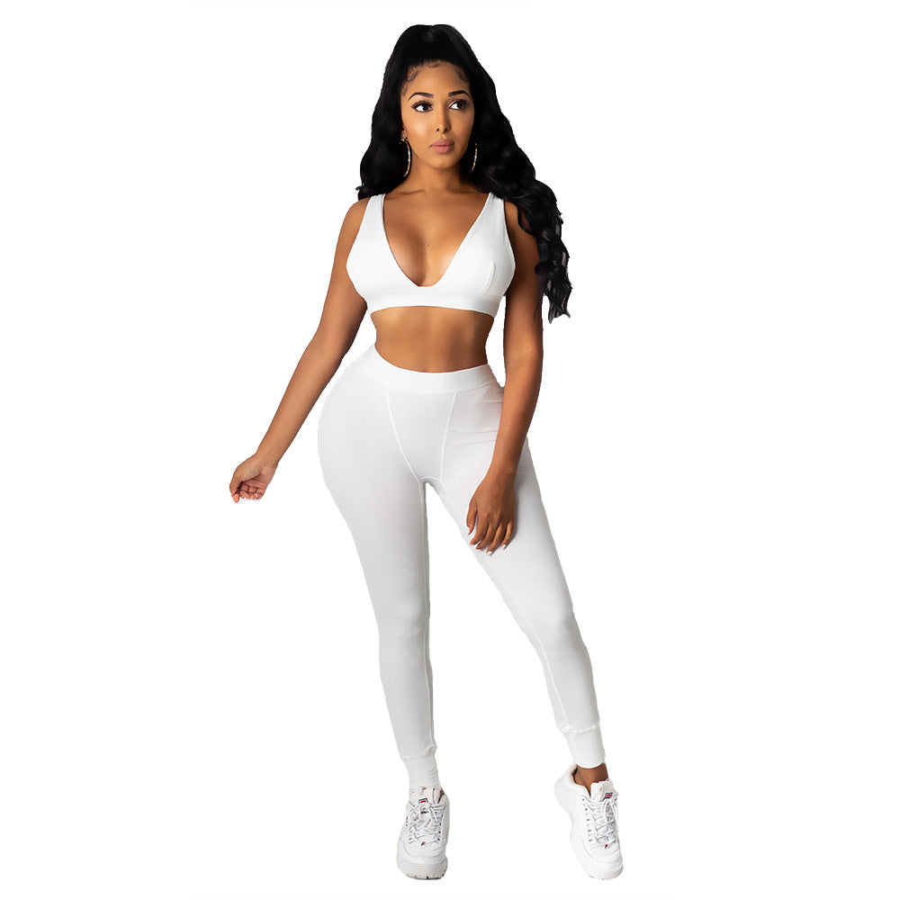 Women Solid Sling Elastic Casual Sports Two-piece Set 8