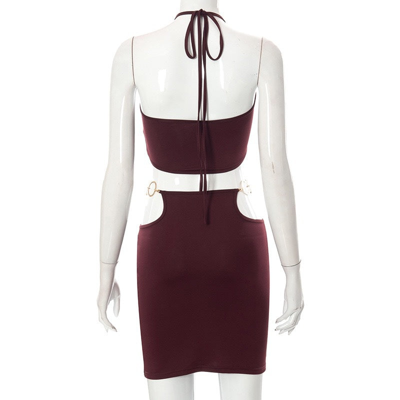 Spring Women'S Metal Ring Halter Neck Sexy Two Piece Skirt Set 6